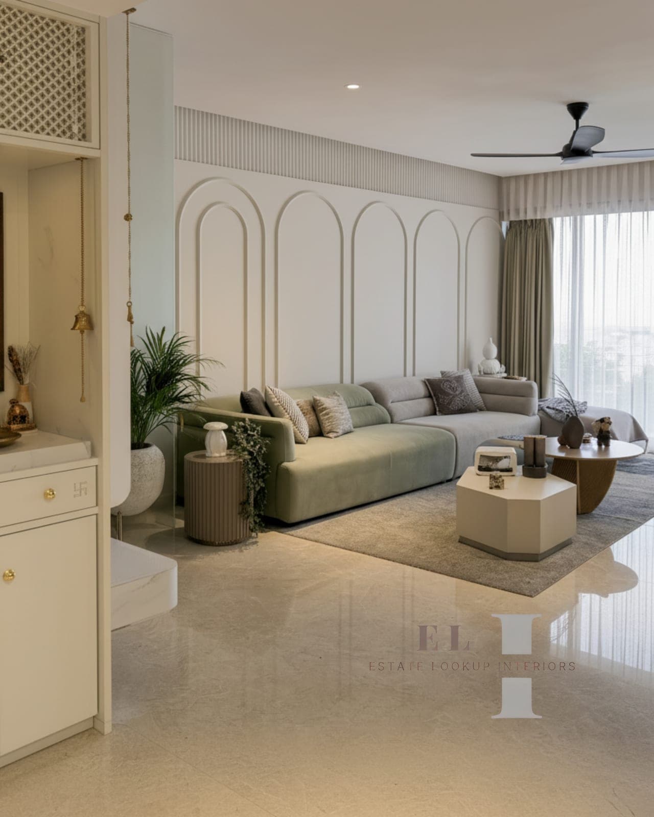 Living room with a neutral sofa and artwork