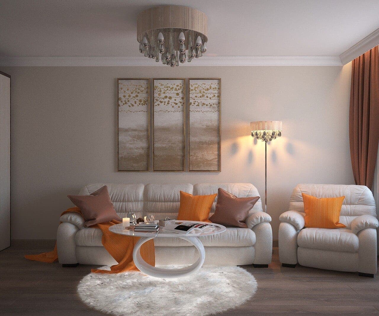 Living room with grey sofas and warm timber