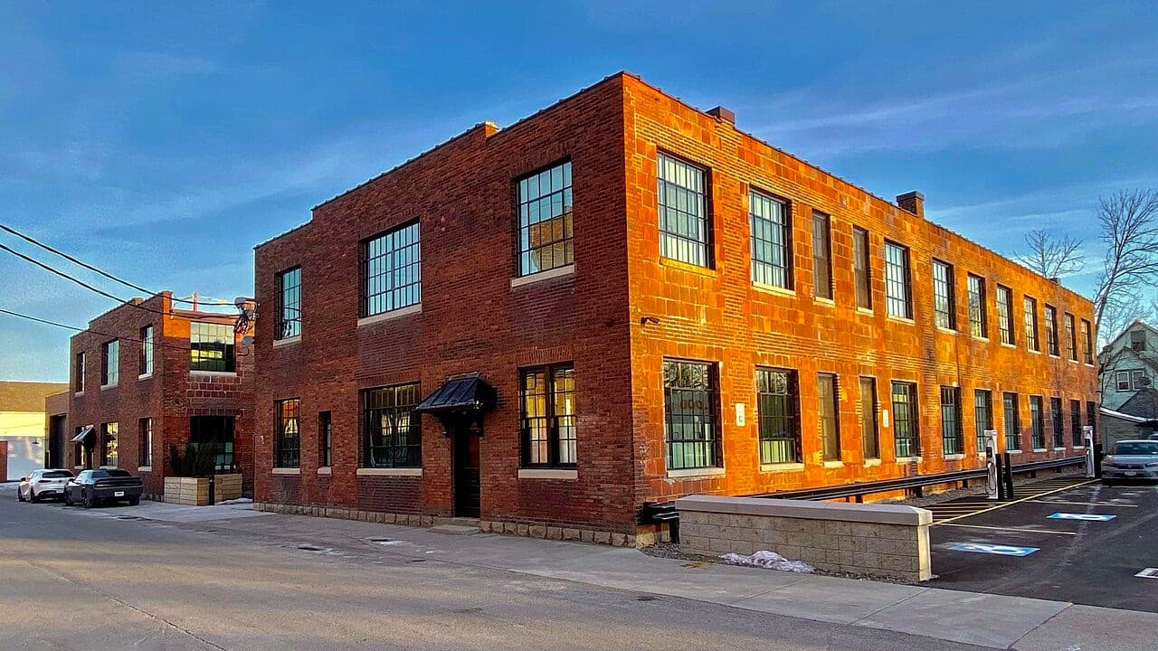 Converted brick warehouse with arched windows