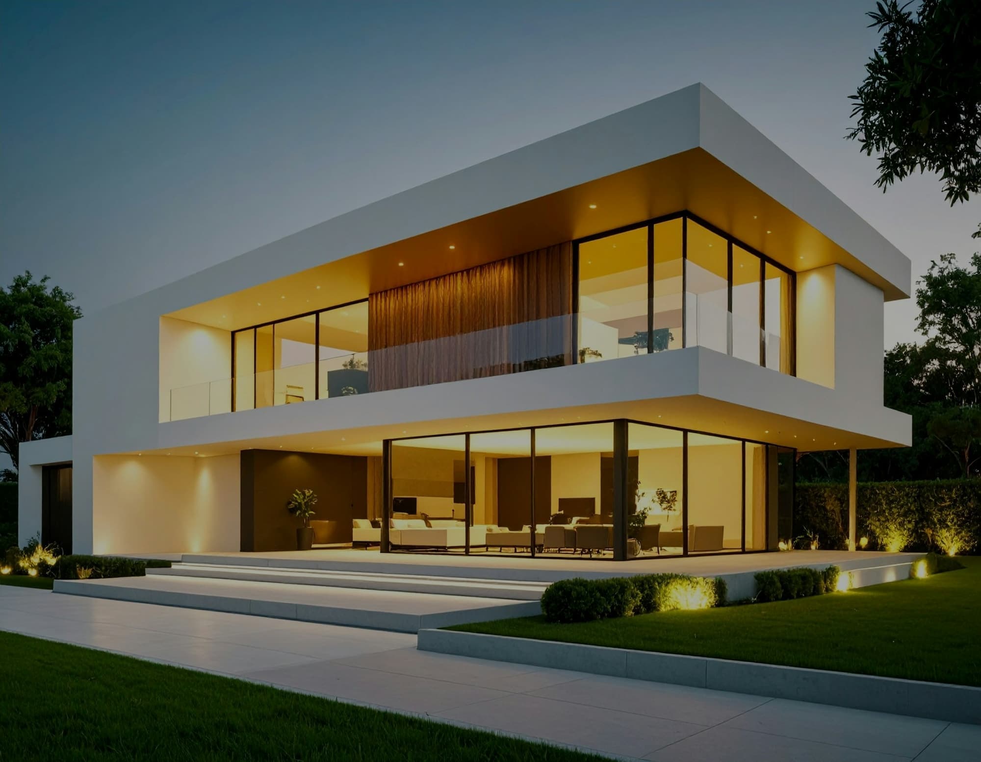 Two-storey architect-designed house lit at dusk, with full-height glazing to the garden