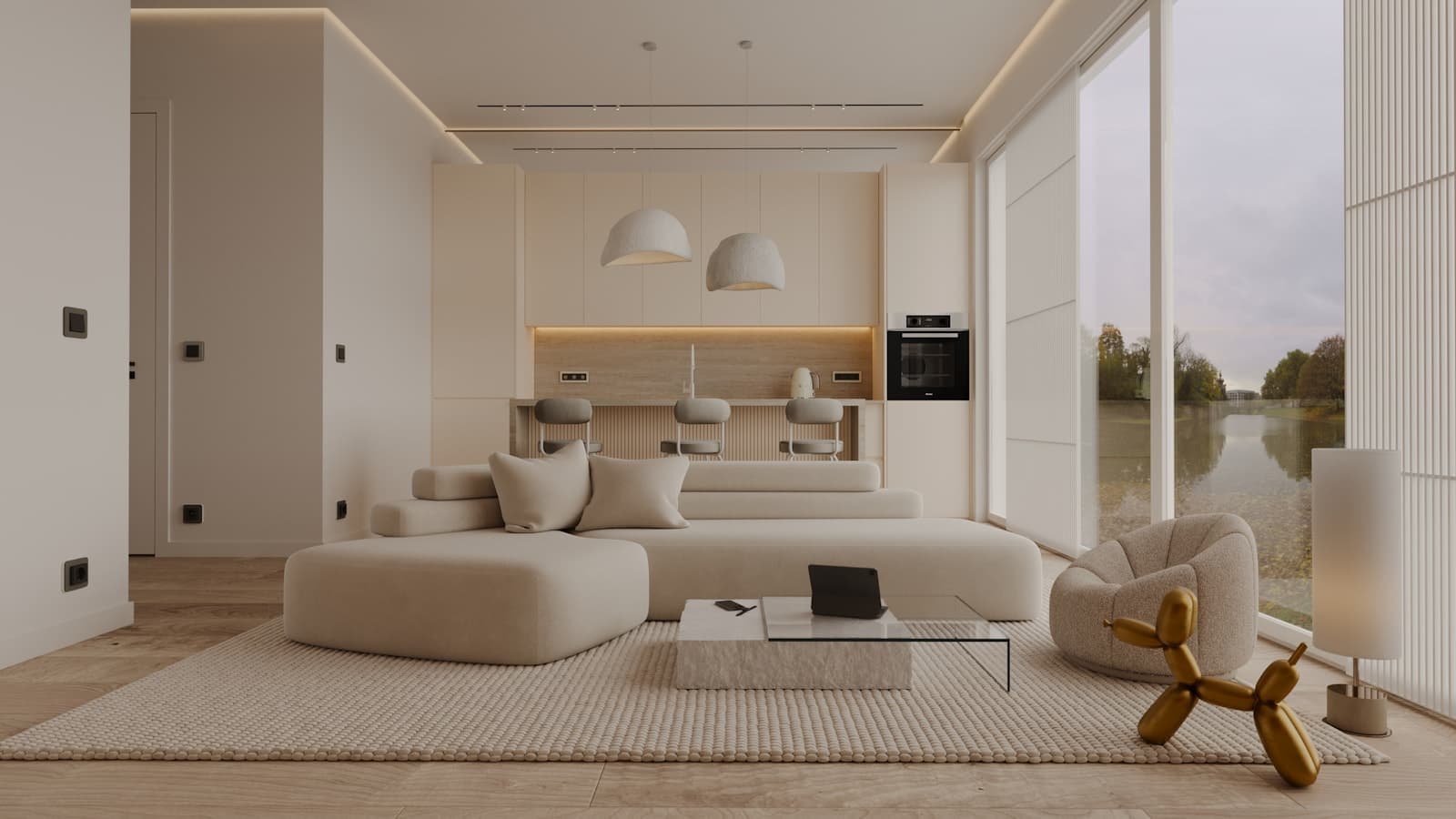 Living room with a curved sofa and a high ceiling