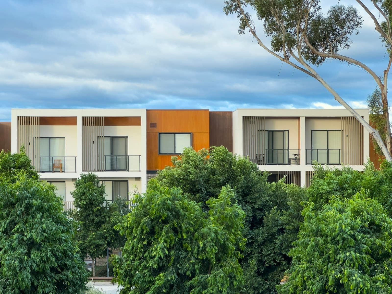 Contemporary low-rise apartments with balconies behind mature trees